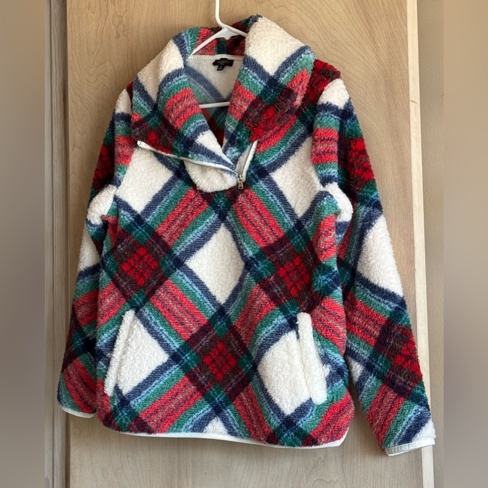 Talbots Ultra Plush Sherpa Fleece Top Zip Blue Green Plaid Women’s Med Petite - Picture 10 of 11